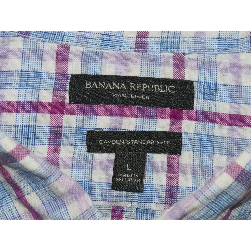 Banana Republic 100% Linen CAMDEN FIT‎ Plaid Button Up Shirt Men's Large